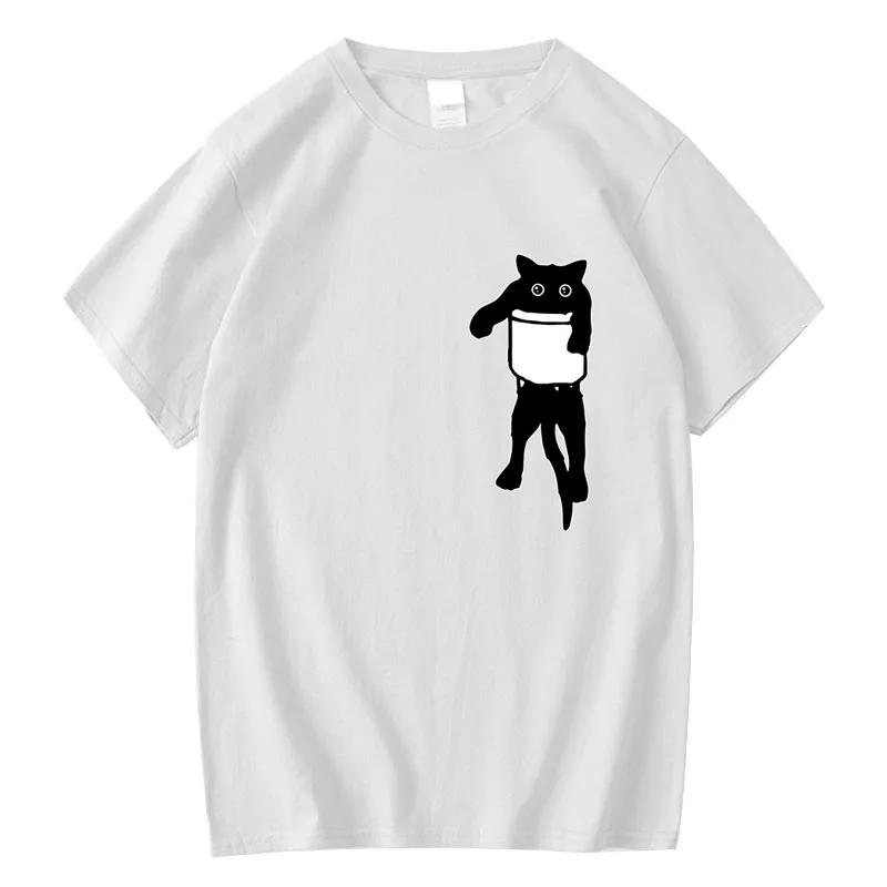 Men's High Quality T-shirt 100% Cotton Funny Pocket Cat Print Summer Loose Cool O-neck T Shirt for Men Short Sleeve Male Tees