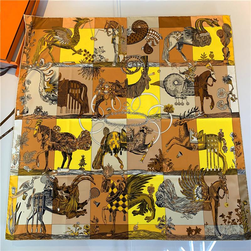 Luxury  Twill Silk Large Scarf Women Handmade Curling Horse Rider Animal Female Twill Square Shawl Fashionbelt Squarescarve