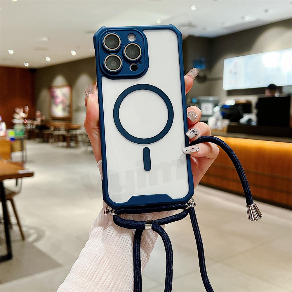 

Магнитный прозрачный чехол для iPhone 15 14 13 12 11 Pro Max Plus для Magsafe Crossbody Lanyard Жесткий акриловый чехол Case & Strap&For iPhone 15 Pro Max