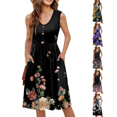 Moda casual feminina sexy decote em v botão decoração sem mangas floral vestido estampado floral