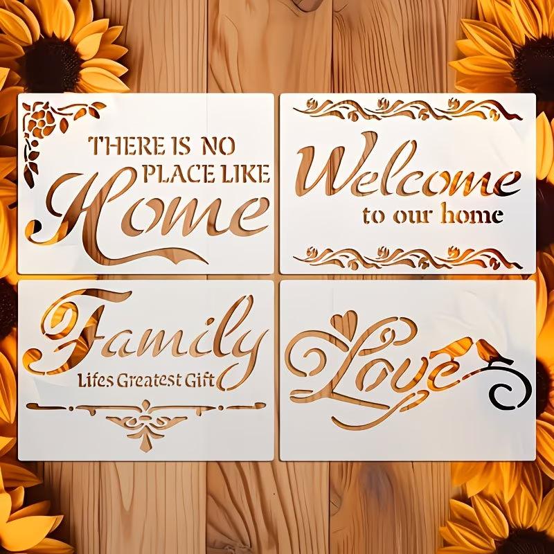 4PCS Home Welcome Stencils Set, Reusable Plastic Painting Templates for Wood, Wall & Farmhouse Decor, Family Love Quotes Stencils