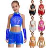 Mädchen Ärmelloses Glitzerndes Pailletten Tanz Crop Top Schlüsselloch Rücken Design Passende Shorts Quasten Metallic Handschuhe Set