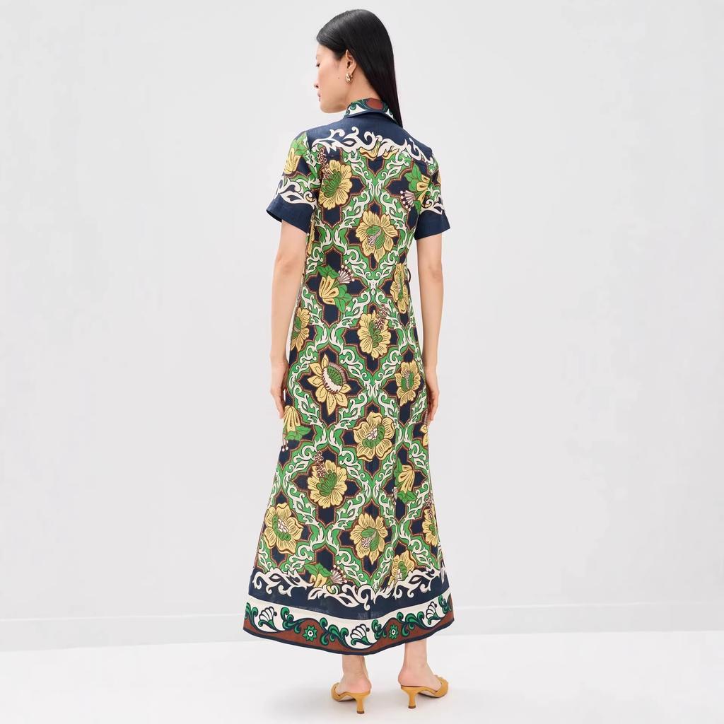 European and American Retro Contrasting Color Printed Shirt Skirt, Lapel Short-sleeved Long Temperament Holiday Dress