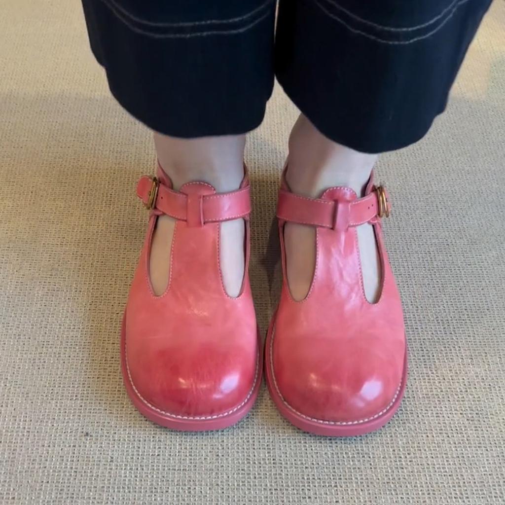 Cowhide Version~ Retro Pink Small Leather Shoes with Round Head Polishing Mary Jane Single Shoes Women's Thick Heel T-buckle Strap