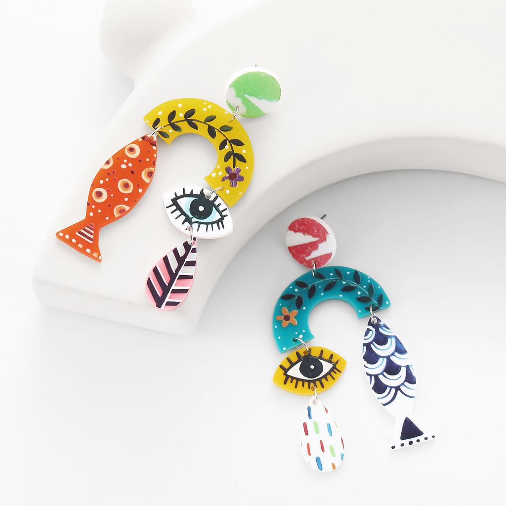 Kolczyki w stylu etnicznym dla kobiet, vintage, z nadrukiem liścia i rybiego oka, akrylowe kolczyki wiszące, biżuteria dopaminowa dla dziewcząt, akcesoria do uszu