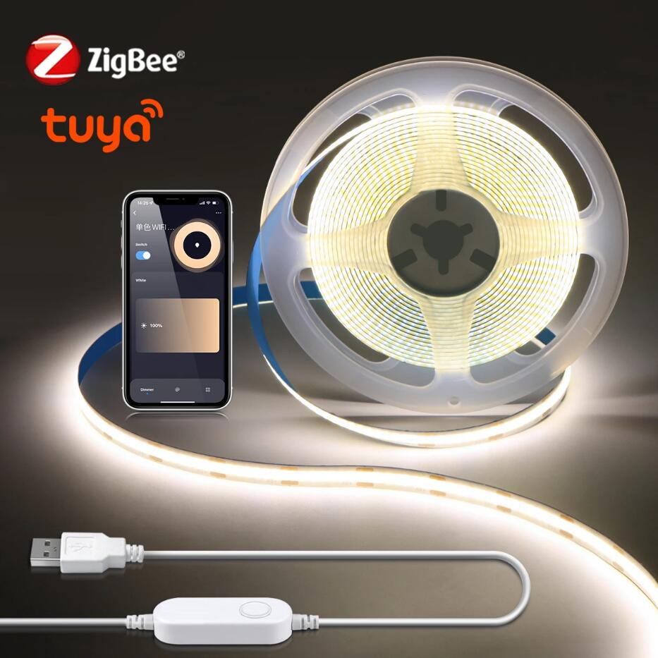 

ZigBee W/WW/RGB LED Strip Smart Tuya Alexa Lights USB 5V Dimmable COB Neon Tape With LED Controller Home Room Bedroom Decoration 1M теплим білим кольором