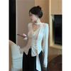 Long Sleeve Spliced Ruffle Flower V Neck T Shirt For Women Spring Slim Fit Top