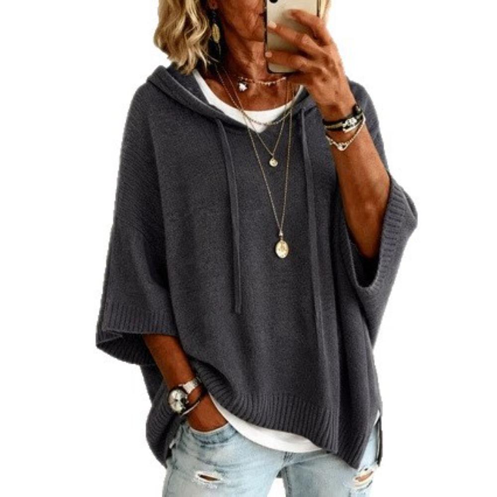 New Knitted Drawstring Hoodie Sweater, Loose Knit Hooded Outerwear for Women