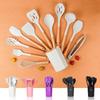 12-Piece Silicone Kitchenware Set with Wooden Handles: Non-Stick Cooking Tools with Shovel, Spoon, and Soup Spoon in Storage Bucket.