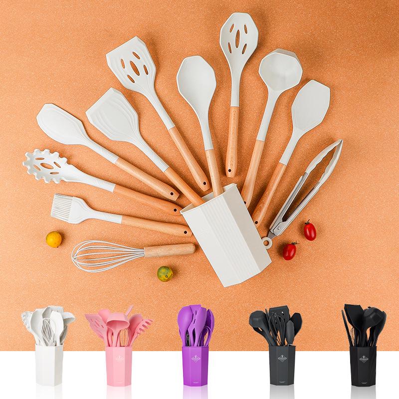 12-Piece Silicone Kitchenware Set with Wooden Handles: Non-Stick Cooking Tools with Shovel, Spoon, and Soup Spoon in Storage Bucket.