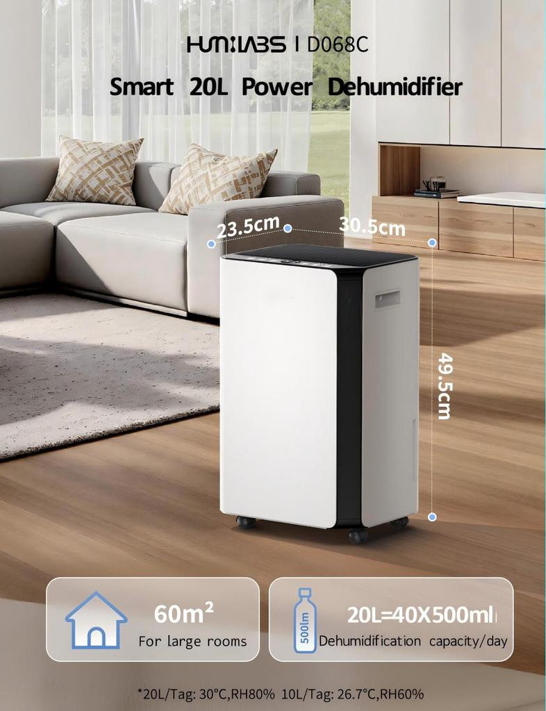 HUMILABS OL20-BD068CF 20L Dehumidifier, Wi-Fi & App Control, 4.5L Water Tank, 3 Operating Modes, 24 Hour Timer, Coverage Area 60m²