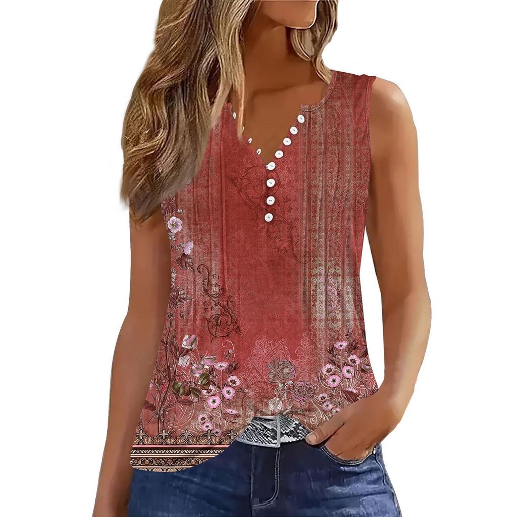 Women's Flowers And Plants Casual Loose Pleated Shirt V Collar Button-down T-shirt Shirt Sleeveless Vest Top