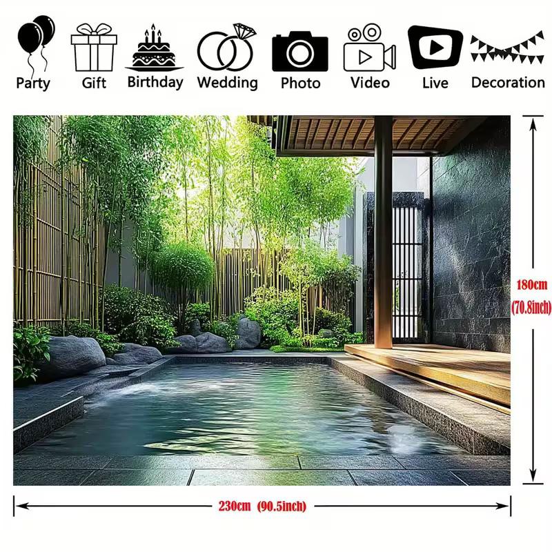2D Tranquil Spa Pool with Green Bamboo and Stones Background