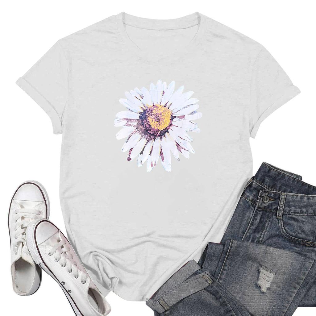 Ladies Casual Chrysanthemum Printed T-Shirt Round Neck Pullover Short Sleeve Top