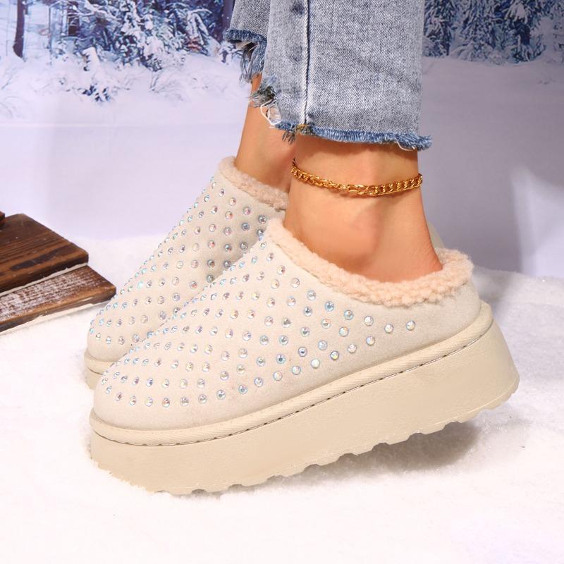 Fashion Women Flats Slippers Crystal Platform Suede Mules Shoes Fur Shoes 2025 Casual New Winter Warm Cozy Woman Flip Flops Trend Slides