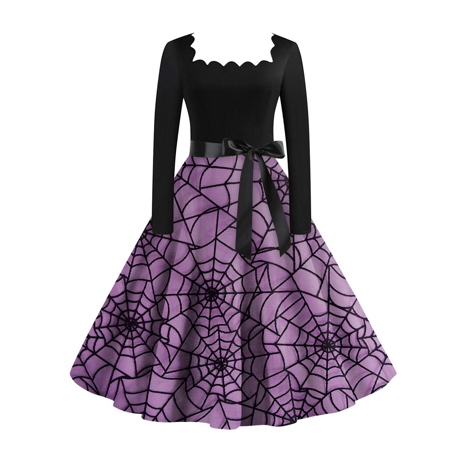 

Женское повседневное модное винтажное платье с длинным рукавом и принтом на Хэллоуин XL фиолетовый