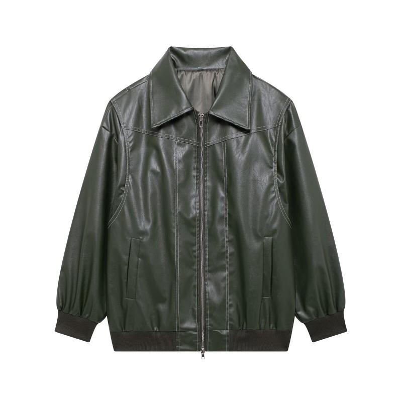 Womens Vintage Stand Collar Loose Streetwear Faux Leather Jacket Winter