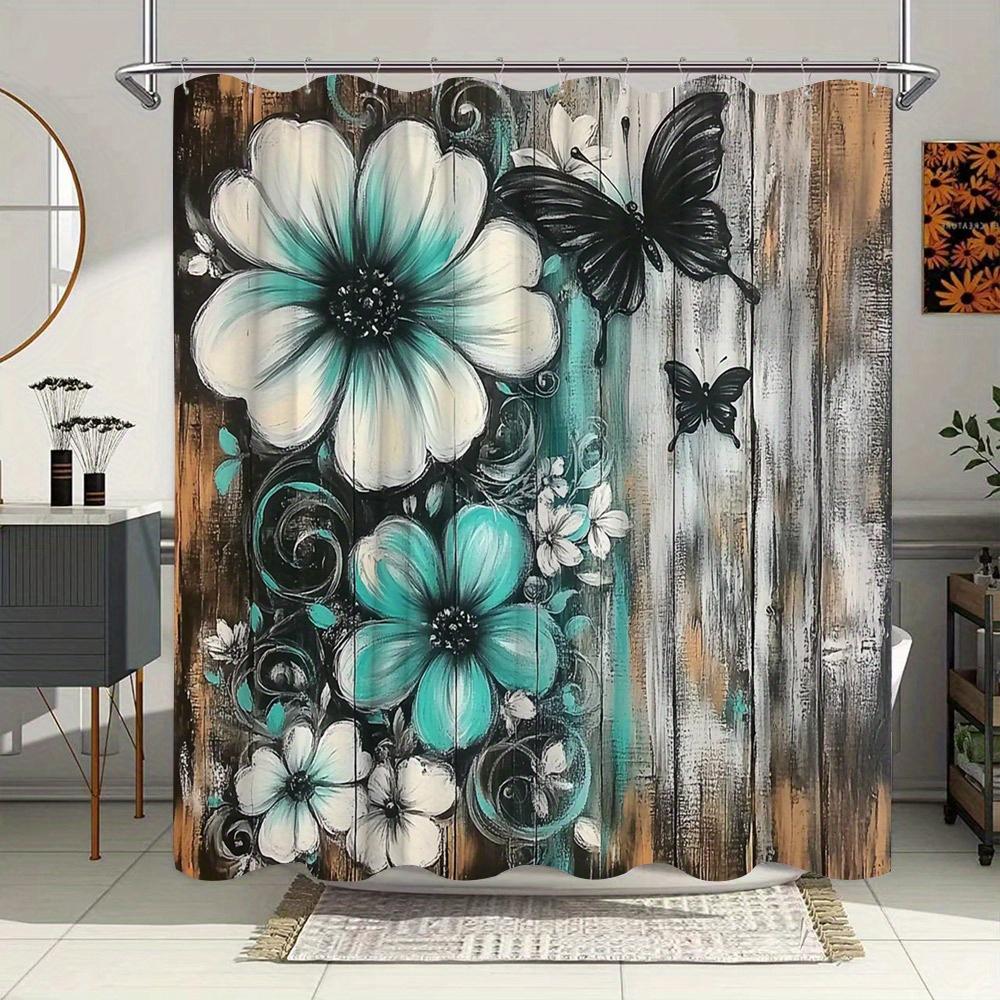 Whimsical Floral Shower Curtain - Teal & White Flowers, Black Butterflies, Rustic Wood Background, Polyester,Water-Resistant W90XH180cm