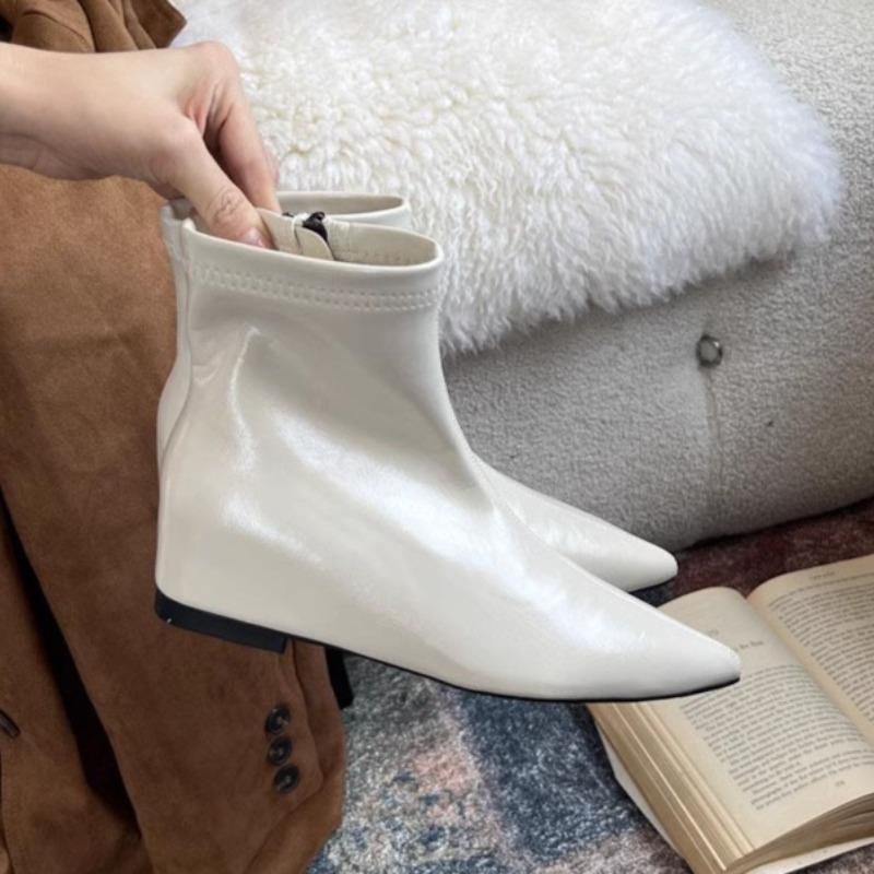 Fashion Inside Heightened Short Cylinder Shoes Women's Fashion Pointed Toe Side Zipper Soft Sole Anti-Slip Wear-Resistant Flats