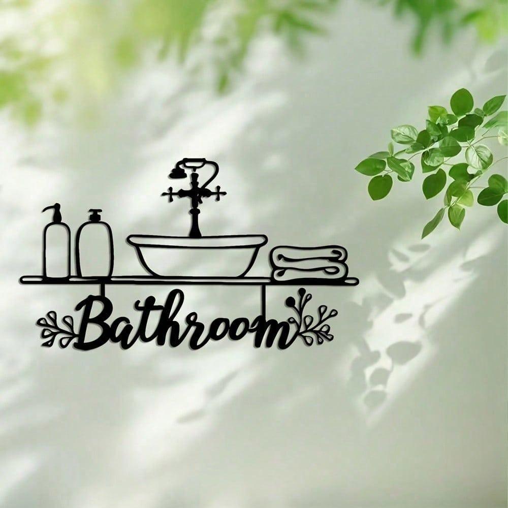 Black Iron Wall Art Sign Metal Bathroom Decor with Tub Toilet Towel Design