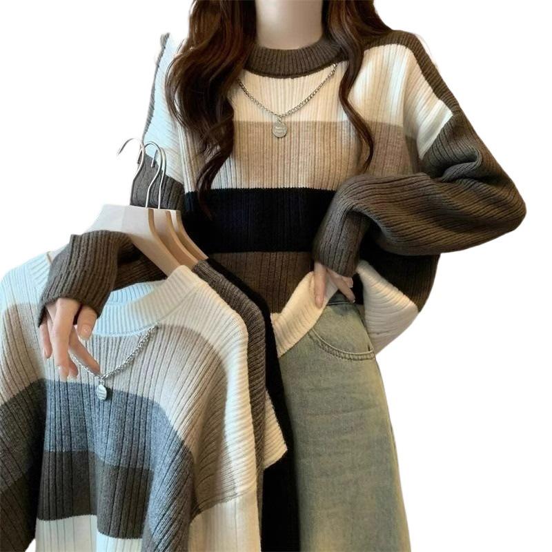 Korean Style Striped Knit Sweater - Women's Loose Fit Round Neck for Spring & Autumn