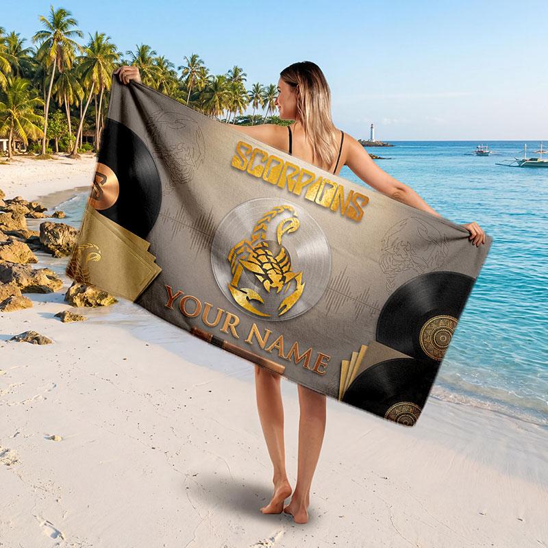 Scorpions Customized Name Text Beach Towel, Soft Absorbent Towel Beach Pool Travel Personal Gift