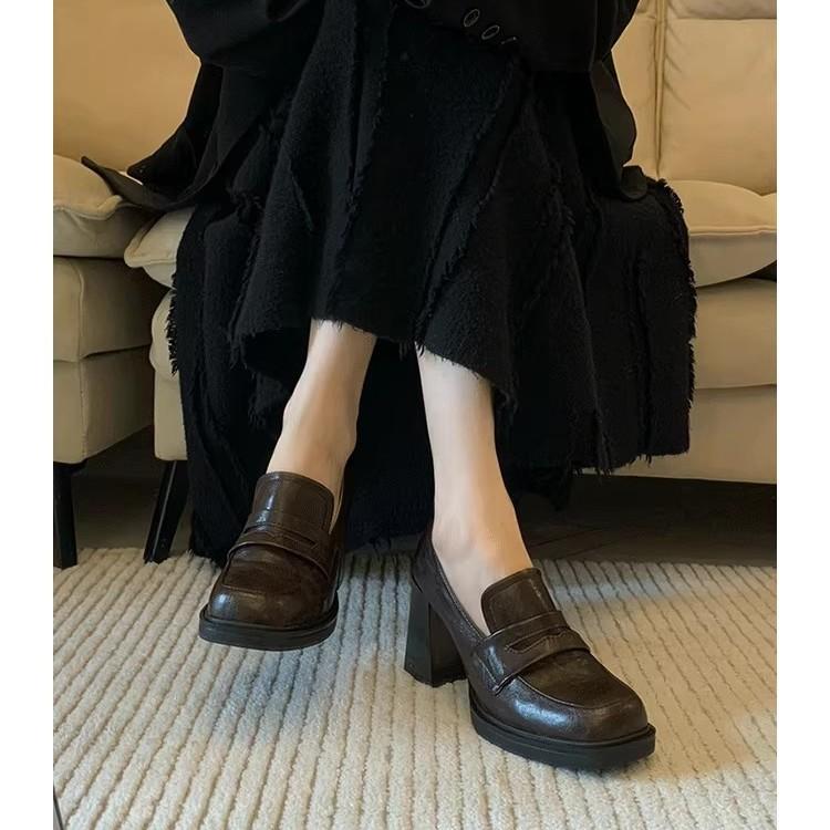[Spot~~] Retro British style women's shoes high-heeled small leather shoes women's platform one-pedal loafers thick-heeled single shoes