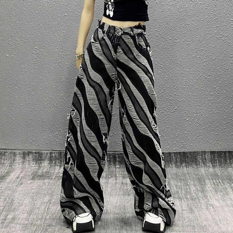 Plus Size Cool Color - Blocked and Raw - Edge Design Jeans for Women - Niche Loose - Fit Slimming Wide - Leg Floor - Length Trousers