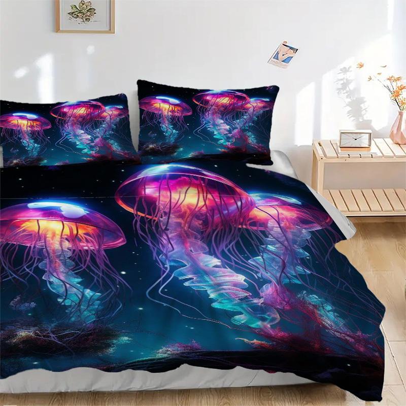 3pcs Colorful Jellyfish Bedding Set - Includes One Quilt Cover and Two Pillowcases (No Core) - Anime Cartoon Design for Bedroom Decorations.