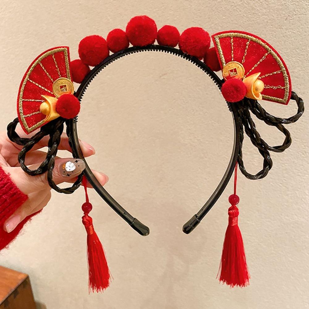 Braid Hair Children Wig Headband Flower Red Bow Hairband Simple Hanfu Hair Sticks  Baby