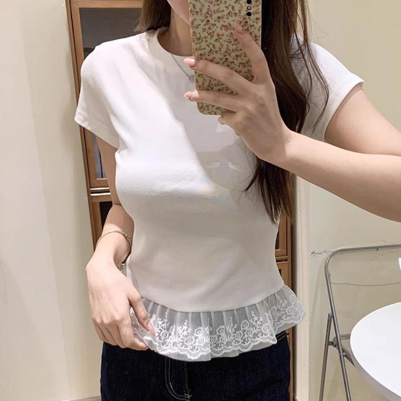 Summer Lace Hem Round Neck Short Sleeved T-shirt White Blouse Women Elegant Fashion Slim Fit Casual Tops Simple Office Sweet Tshirts
