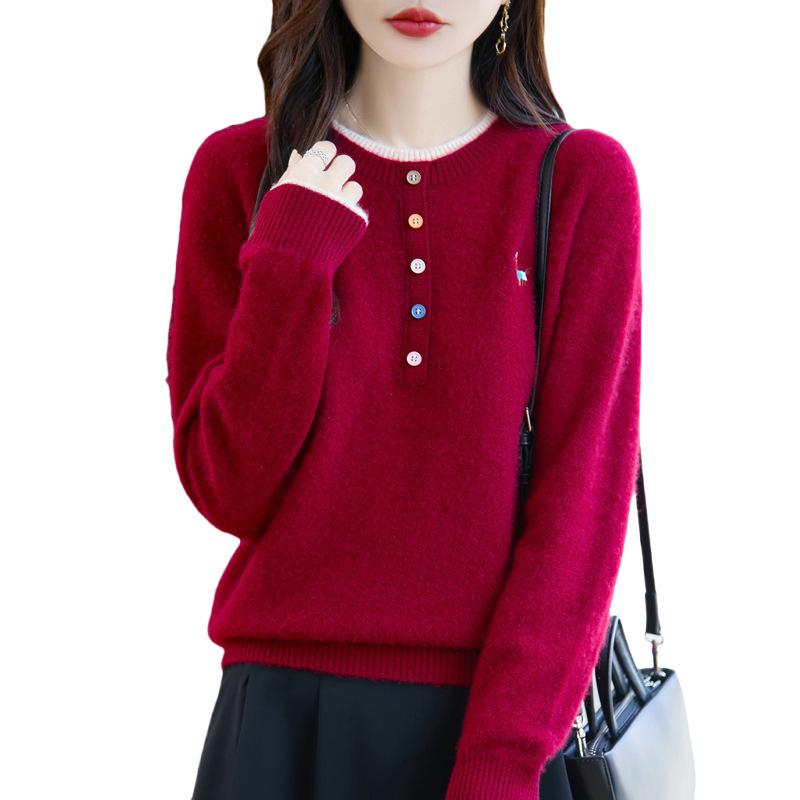 Women's 2025 Autumn/Winter 100% Wool Embroidered Sweater with Round Neck and Colorful Buttons