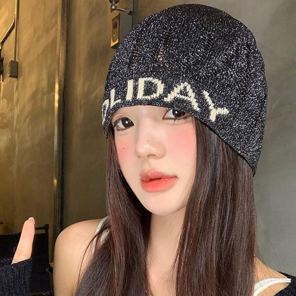 Vintage Letter Beanie Hat Hollow Knitted Pullover Hat Fashion Sequin Knitted Hat Autumn