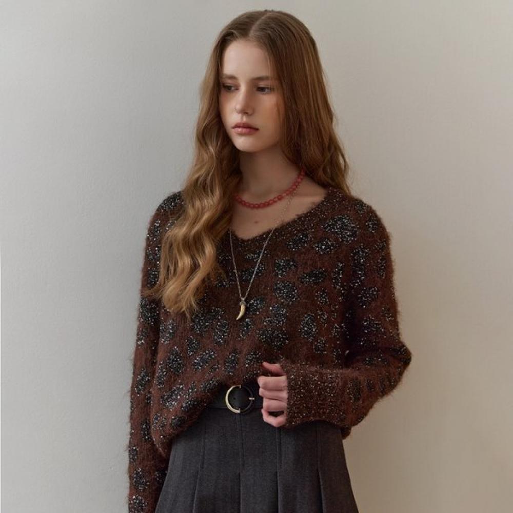 Maxza Sequin Mix Leopard V Neck Knit Braun/FREE