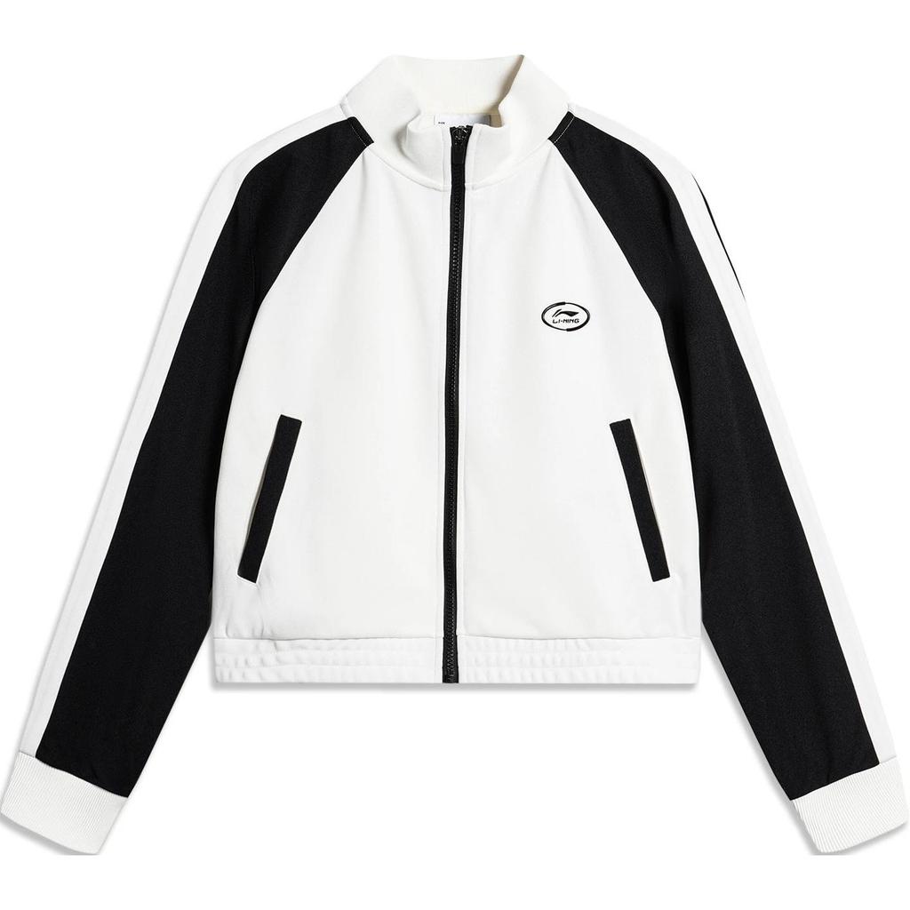 Li Ning Comfortable Casual Stand Collar Color Block Slim Fit Cardigan Sweatshirt Women sweatshirt Off-White Black AWDU456-1