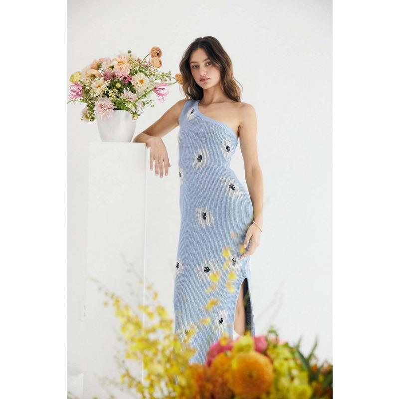 

Женские платья с косыми плечами без рукавов с цветочным принтом и сексуальным разрезом, длинные трикотажные платья XL светло-синий