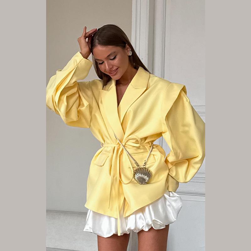 Lace Up Shoulder Pad Blazer Coat Women Elegant Turn-down Collar Long Sleeve Pockets Slim Fit Coats Chic Ladies Commute Outerwear