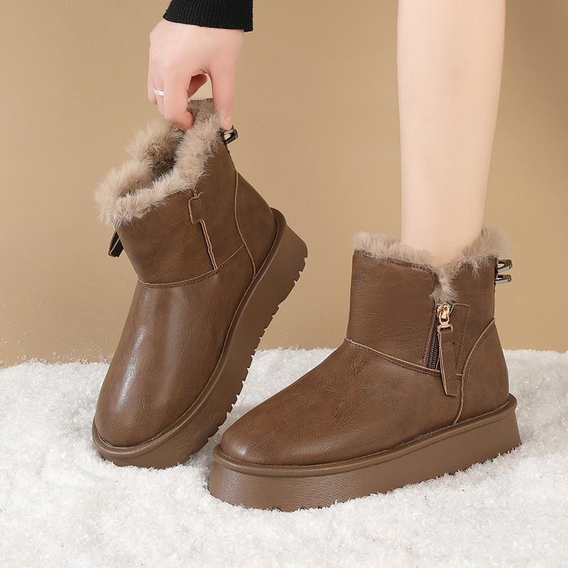 Women's Fur One Thick Bottom a Footstool Leather Waterproof Winter Lightweight Warm Snow Boots Non-slip Wear Casual Sneakers Cotton Boots