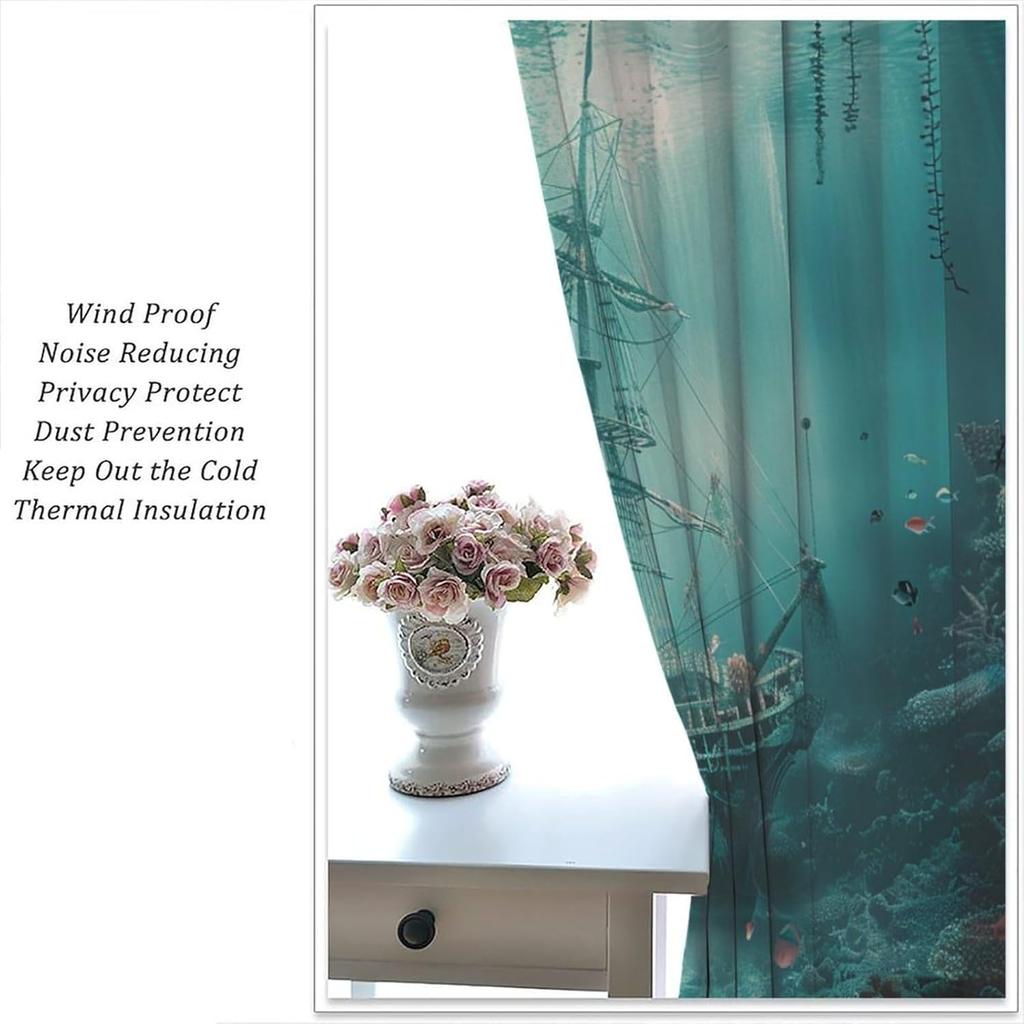 Mystical Ocean Shipwreck Blackout Curtains for Living Room Bedroom, Vintage Horror Pirate Ship Window Curtains Rod Pocket Thermal Insulated Window