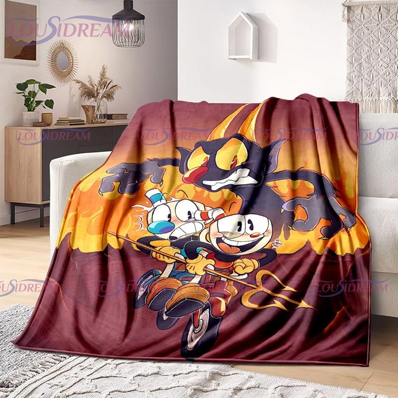 Cuphead and Mugman Print Throw Deka Kreslená hra Měkký plyšový fleece Lehká pohovka Funny Halloween Friend dárek