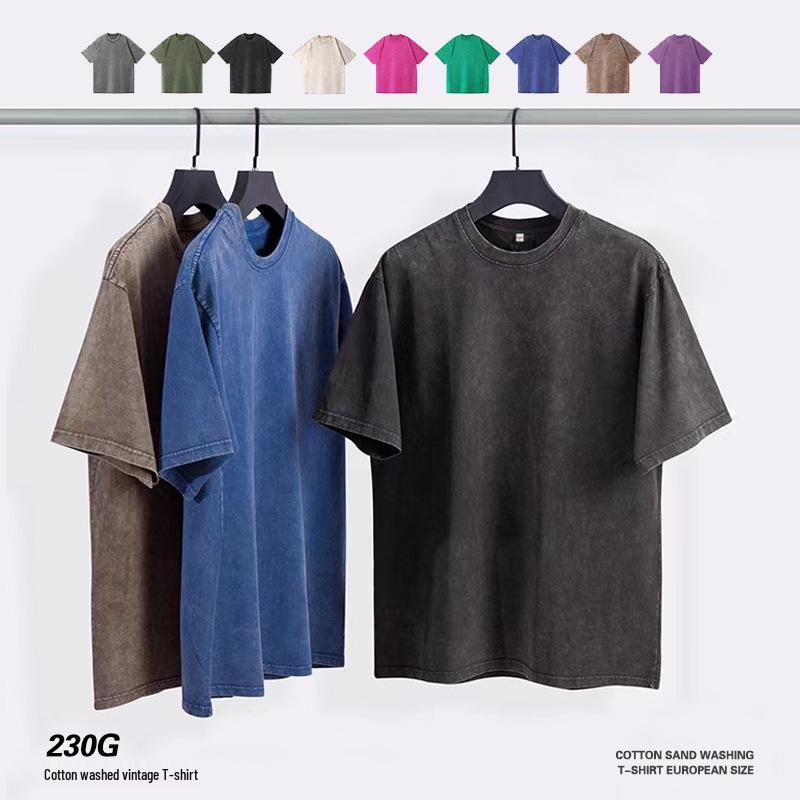 230g EU Size Washed Batik Distressed Heavyweight Pure Cotton Men's Loose Hip Hop Logo Print T-Shirt