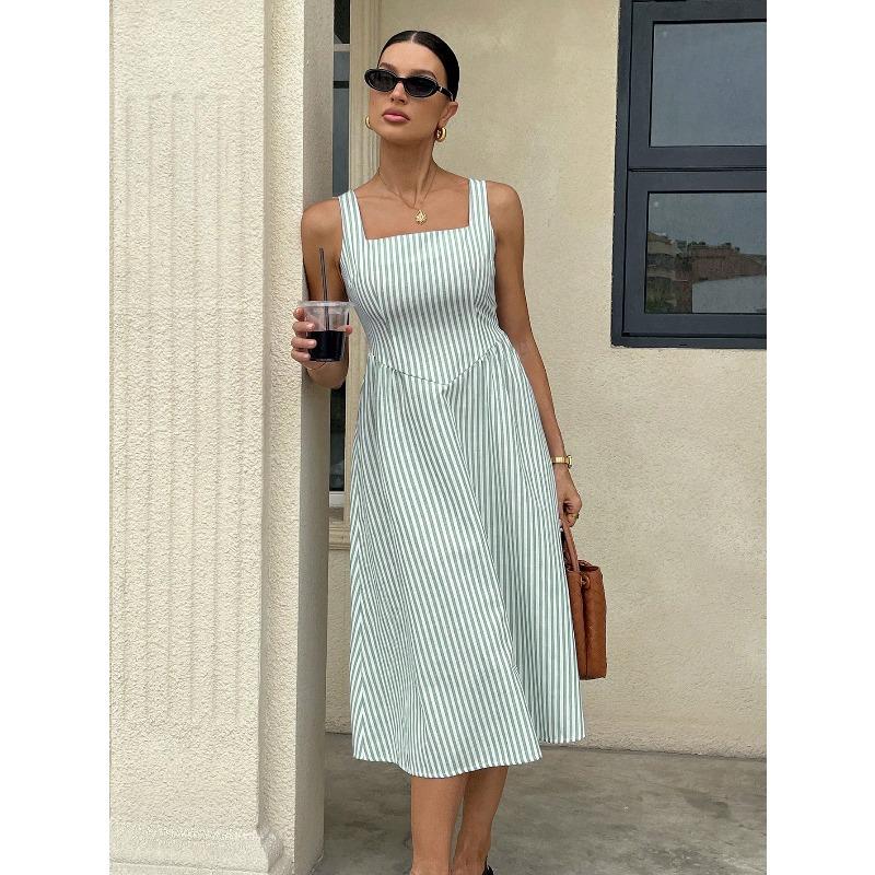 YYFS Women's Fashion Summer Spring Stripe Print Sleeveless Square Collar High Waist Casual Dresses