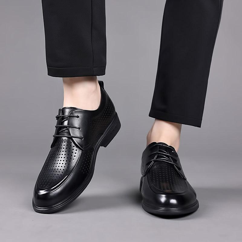 Men's summer leather shoes first layer cowhide business dress pointed hollow men's shoes breathable high-end leather casual shoes