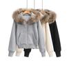 Women's Zip Through Fur Ear Snuggle Thick Hoodie Detachable Fur Hooded