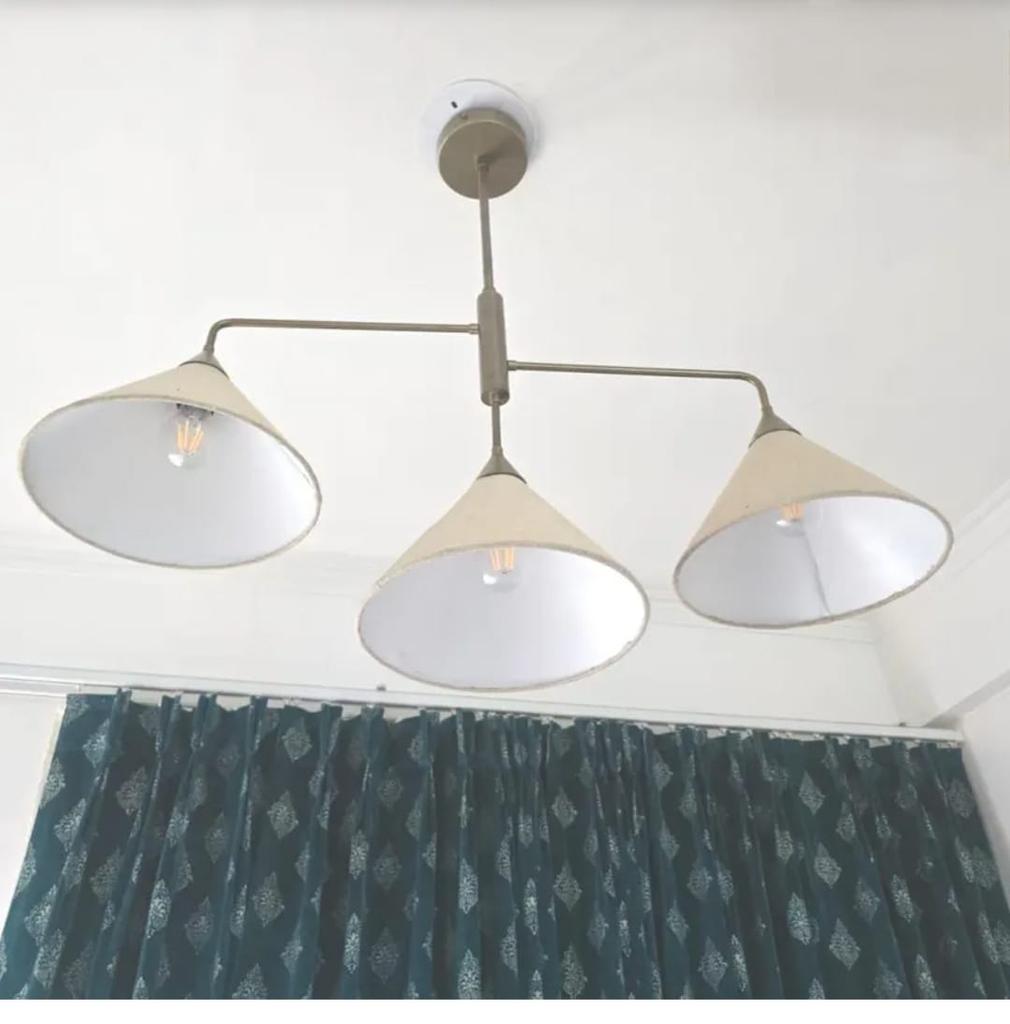 Raw Brass Pendant Light Mid Century Modern 3-Light Ceiling Pendant Fabric Shade