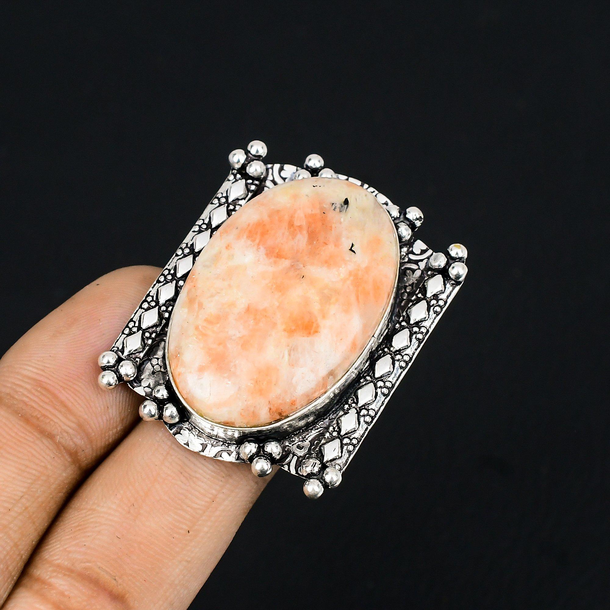 Gift For Her 925 Sterling Silver Natural Sunstone Gemstone Statement Ring Size 7 7