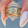 Huajie Conjunto de 3 Peças Luxo Feminino Anéis Totalmente Cravejados com Zircônia Brilhante Padrão Sol Lua Delicado Acessórios de Alta Qualidade
