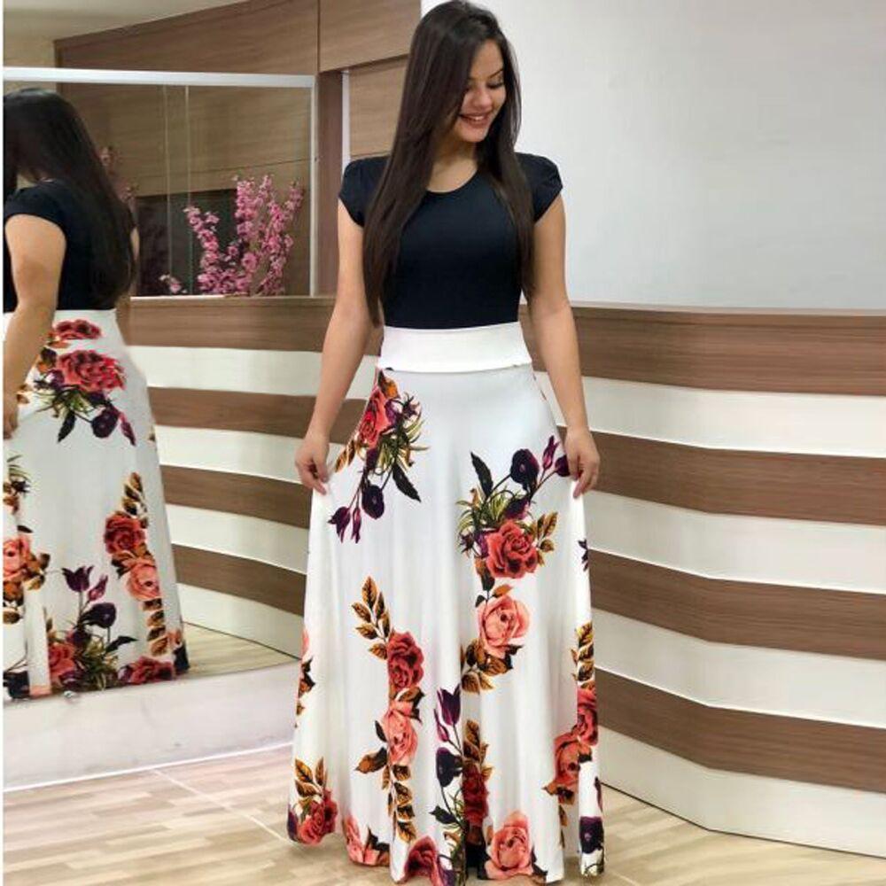 HNXC Women's Fashion Summer Spring Floral Print Short Sleeve O-Neck  Casual Dresses