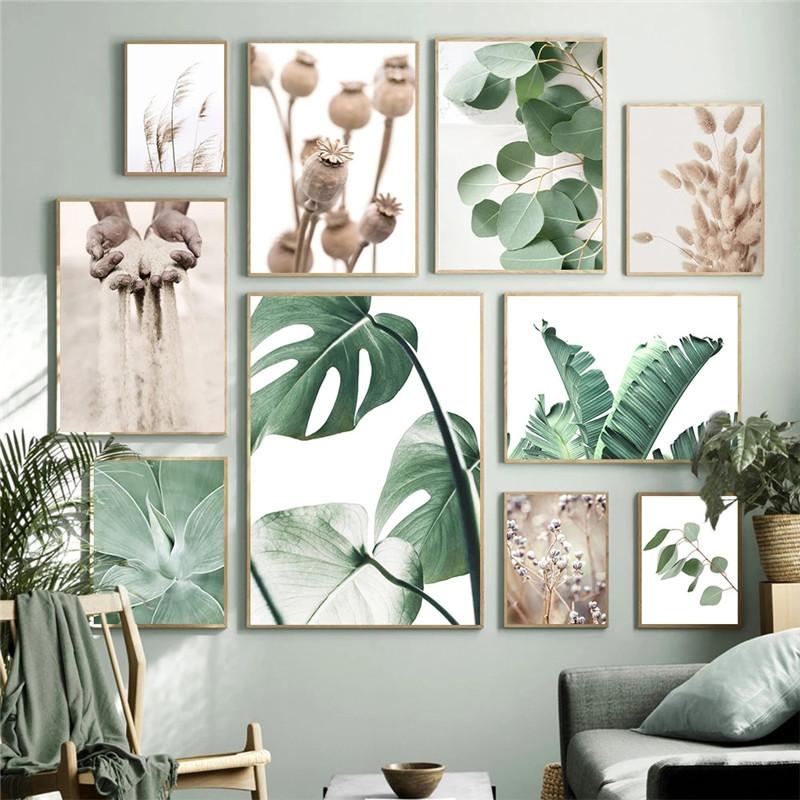 Tropical Plant Leaves Wall Art Canvas Paintings Rabbit Tails Grass and Flowers Posters and Prints Scandinavian Room Decoration