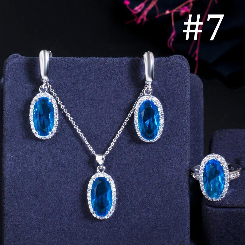 WWJ Super Sparkling Oval Shape Cubic Zirconia Engagement Ring Necklack Earrings Set